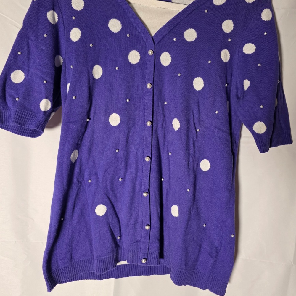 Quaker Factory Purple Polka Dot Cardigan Sweater Short Sleeve‎ Pearl Embellished - Picture 4 of 8
